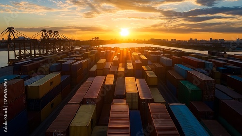 Stunning aerial view of shipping containers at a busy harbor during a beautiful sunset : Generative AI photo