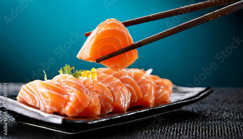 The image of fresh salmon sashimi caught with chopsticks