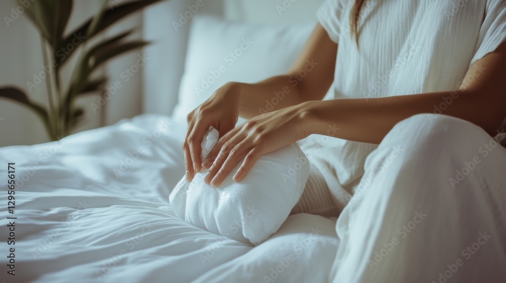 A person with an elbow injury applying an ice pack in a minimalist bedroom. Featuring pain relief and comfort A person with an elbow injury applying an ice pack in a minimalist bedroom. Featuring pain relief and comfort