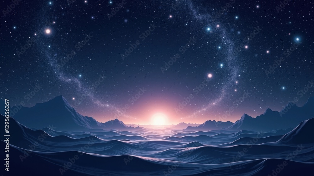 Fototapeta premium A vast interstellar void where galaxies appear as floating islands of light, an ocean of darkness stretching infinitely, faint cosmic filaments connecting distant realms.