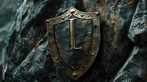 A detailed metallic shield featuring a prominent 'L' against a rugged stone background, evoking themes of strength and valor.