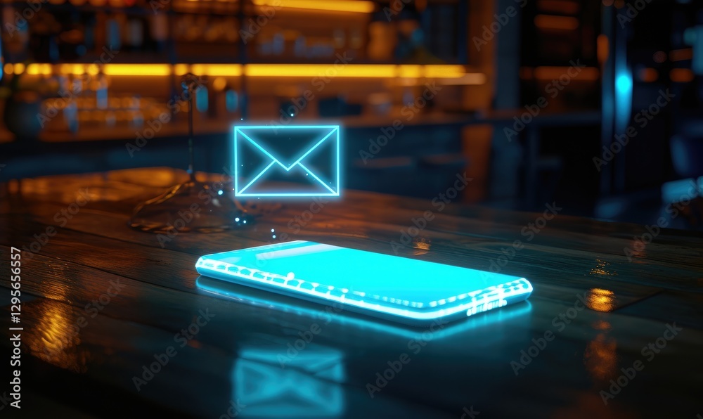 Futuristic glowing smartphone rests on a wooden bar top with a neon email icon above it.