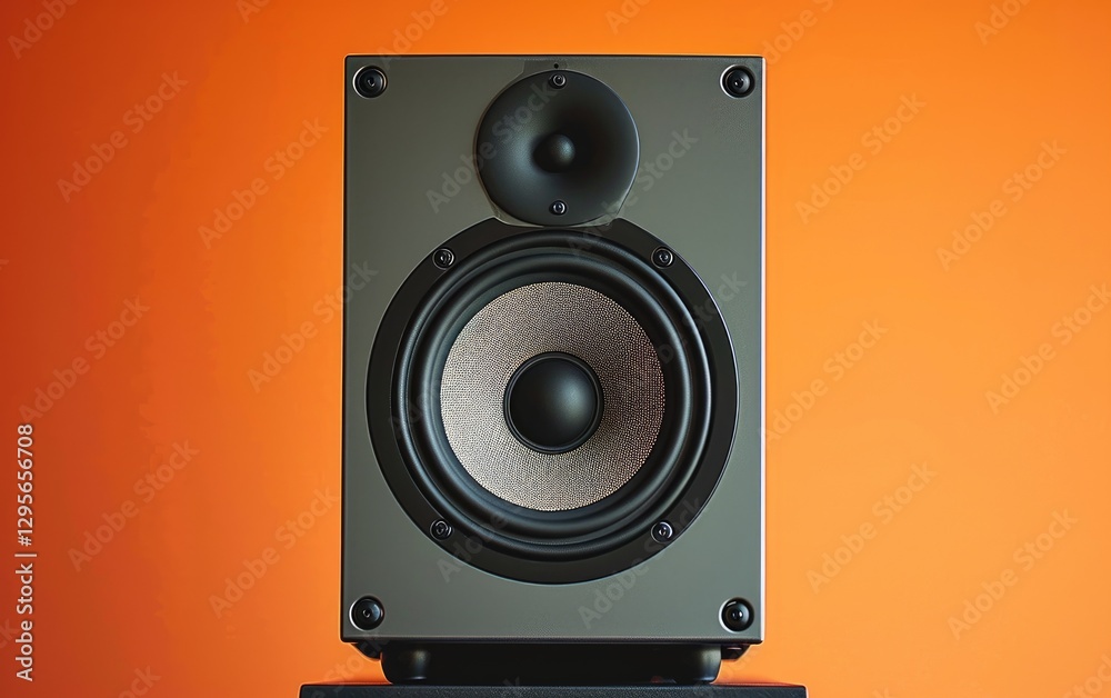 Modern gray speaker with a sleek design is shown against a vibrant orange backdrop