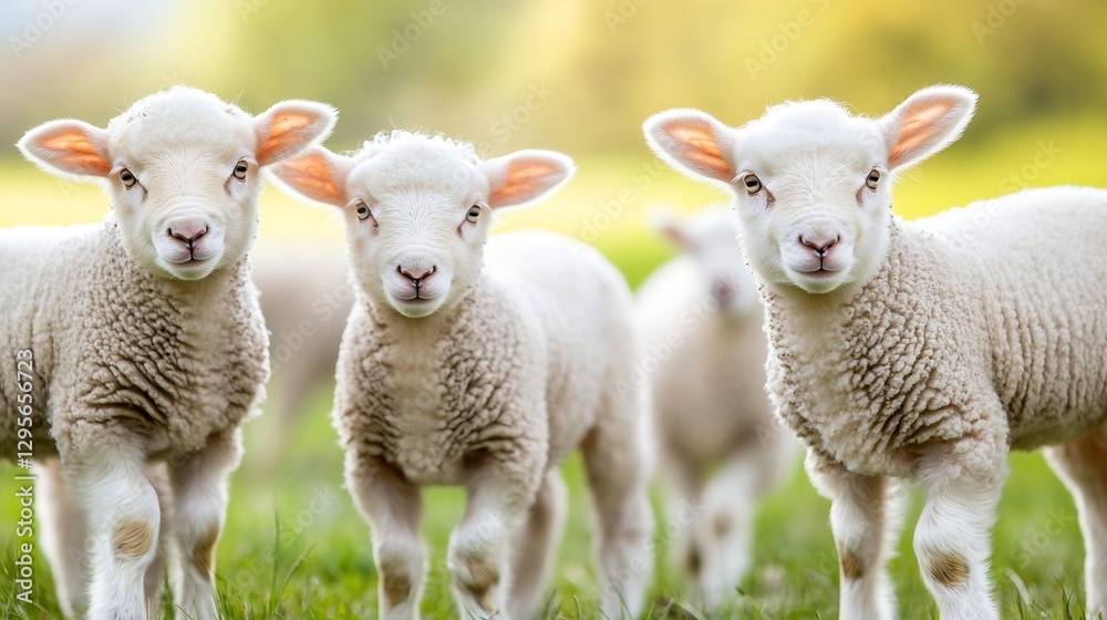 Obraz premium Adorable group of fluffy lambs playing together in a green pasture during sunny weather : Generative AI