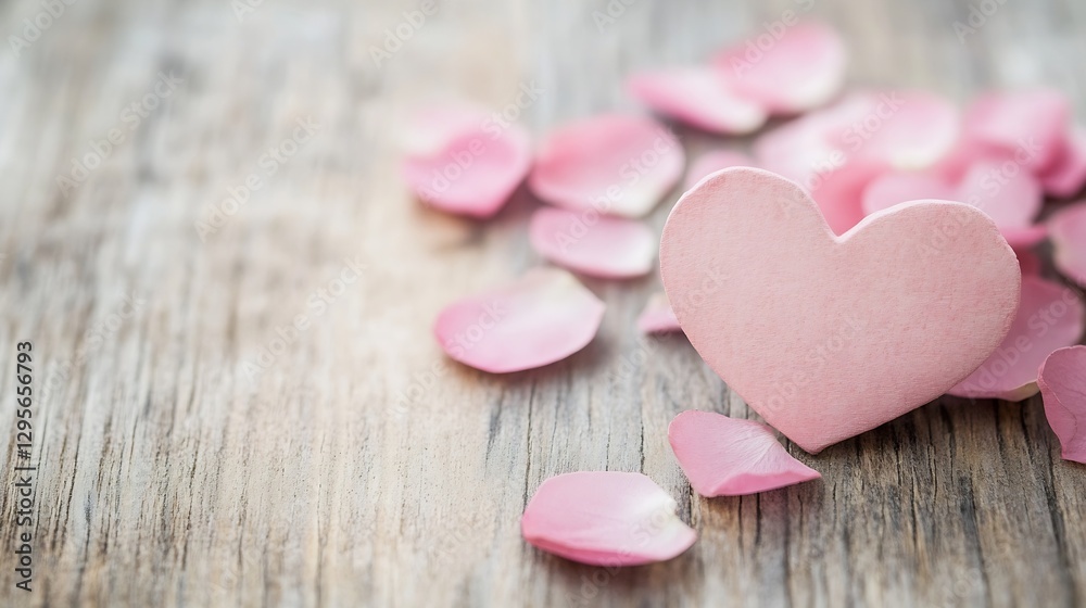 Fototapeta premium Beautiful pink heart decoration surrounded by rose petals on a wooden surface : Generative AI