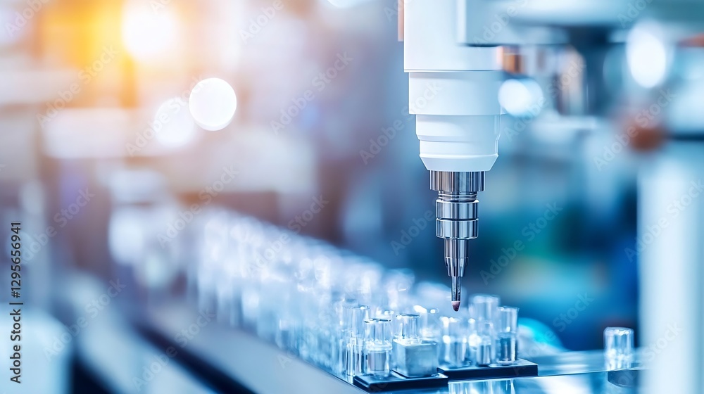 Advanced laboratory automation with robotic arm dispensing liquid into test tubes in a modern setting : Generative AI Advanced laboratory automation with robotic arm dispensing liquid into test tubes in a modern setting : Generative AI