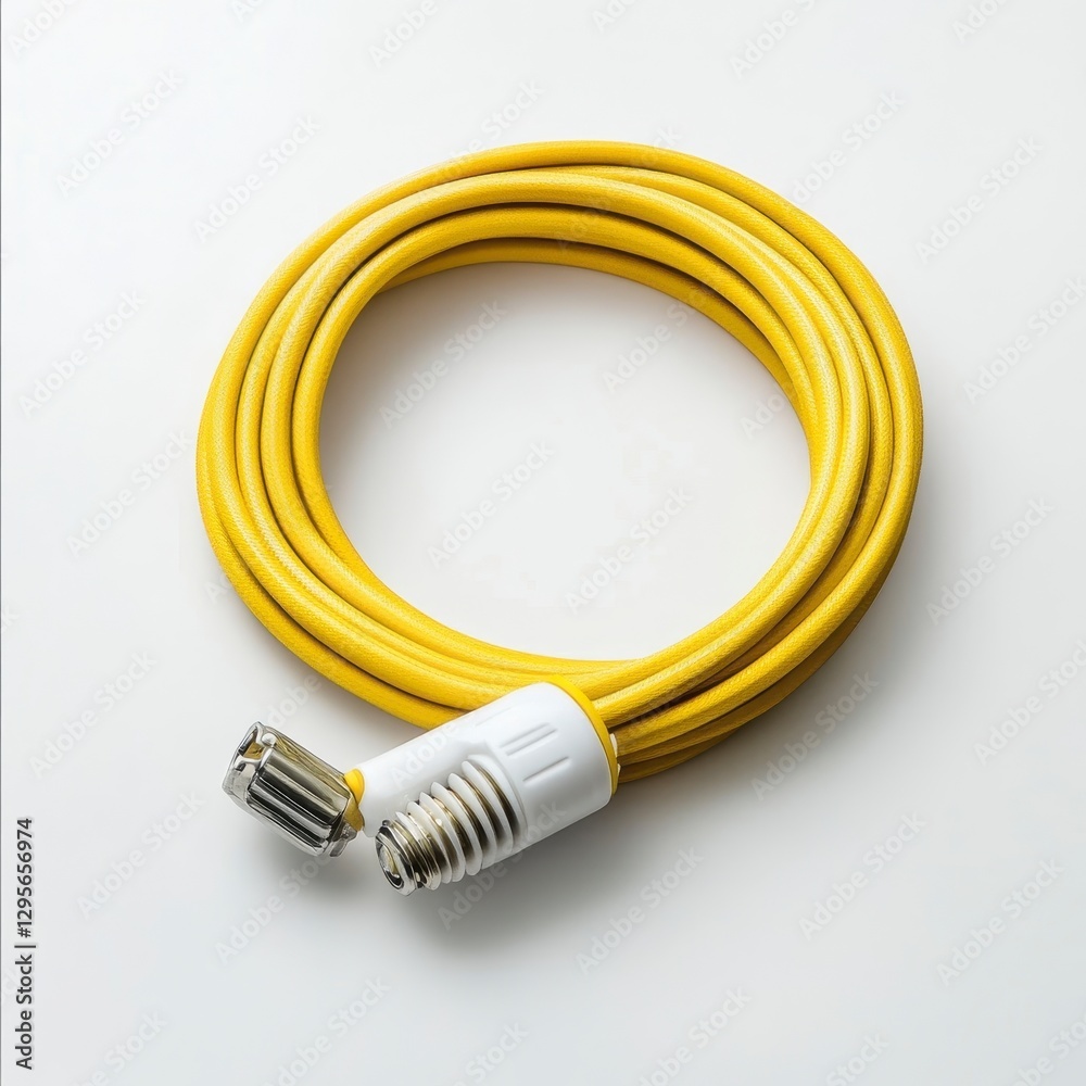 Coiled Yellow Cable with White Connector on White Background