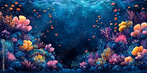Underwater Coral Reef with Fish Swimming and Sunlight Watercolor Illustration