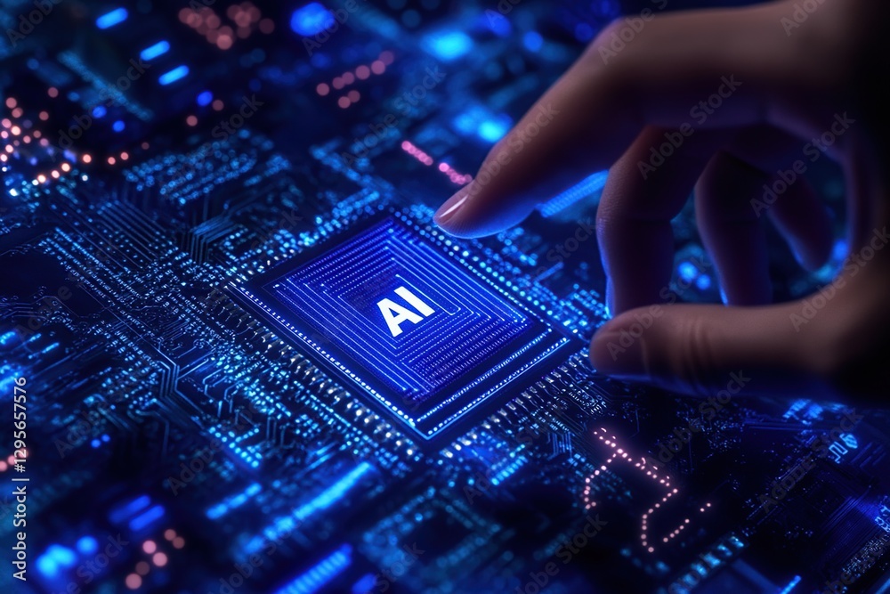 Hand Interacting with AI Microchip on a Blue Circuit Board Hand Interacting with AI Microchip on a Blue Circuit Board