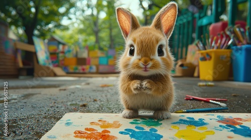 A fluffy white bunny sits near colorful paint. AI.