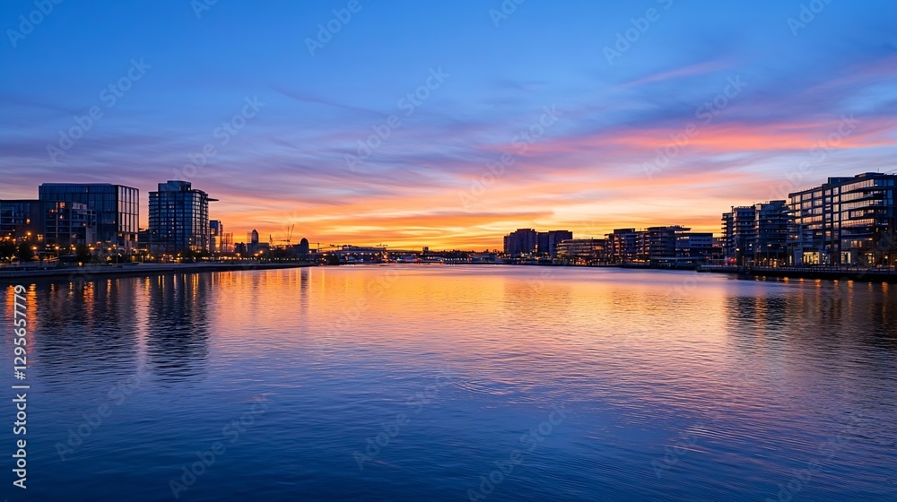 Stunning Sunset Over Urban Skyline Reflecting on Calm Water Surface : Generative AI Stunning Sunset Over Urban Skyline Reflecting on Calm Water Surface : Generative AI