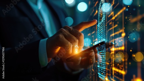 Obraz na płótnie Businessman secures data using mobile phone technology w salonie