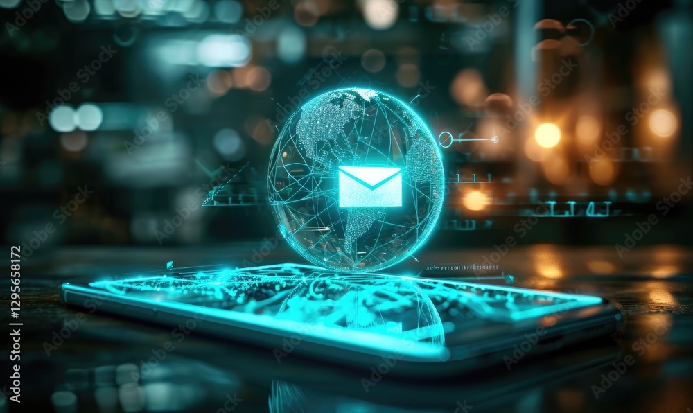 Hologram Global Email Communication Technology Smartphone Display. Worldwide communication.