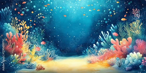 Underwater Coral Reef Scene with Fish and Sunlight Watercolor Painting