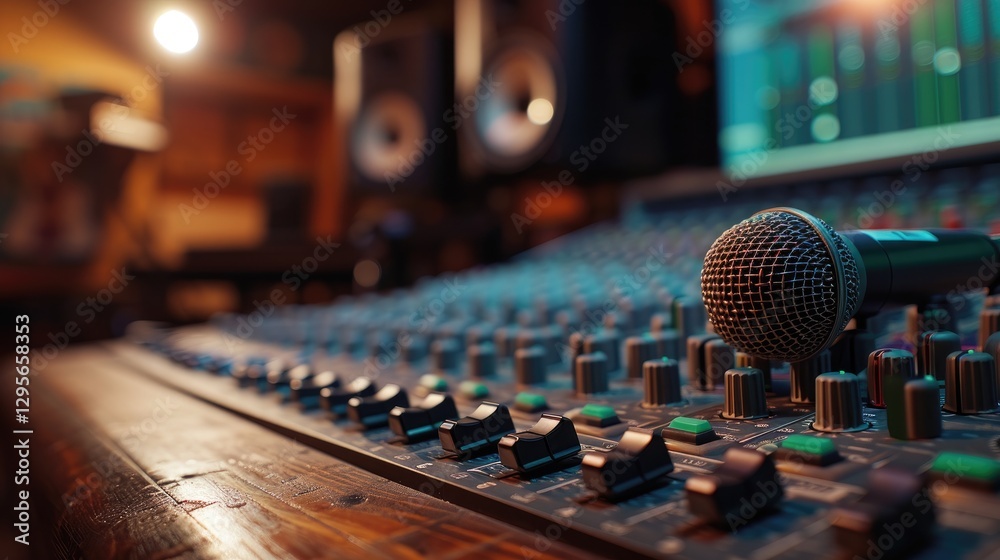 Microphone and Audio Mixing Console in Recording Studio