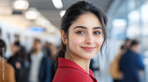 Pakistani staff employee woman in red casual smiling going to office using train public transport