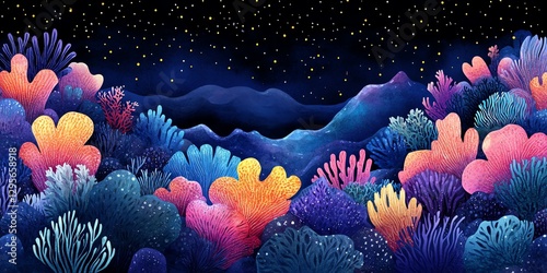 Vibrant Coral Reef Night Landscape with Starry Sky