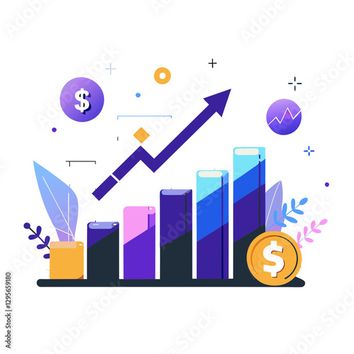 Upward business graph with dollar and coin icons representing company financial growth