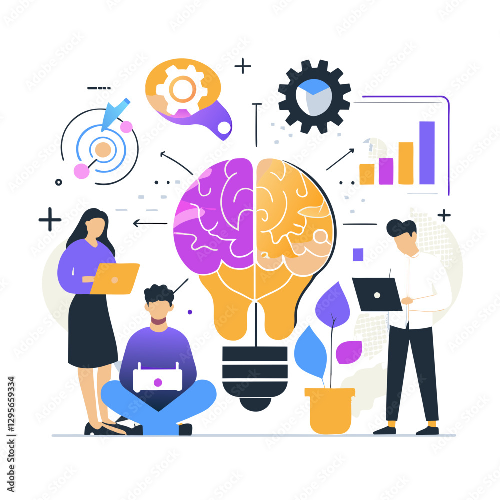 Businessman analyzing brain with gear and light bulb representing innovation, Businessman analyzing brain with gear and light bulb representing innovation,