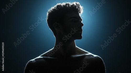 Silhouetted man's profile, illuminated from behind, showcasing his strong physique and calm demeanor.