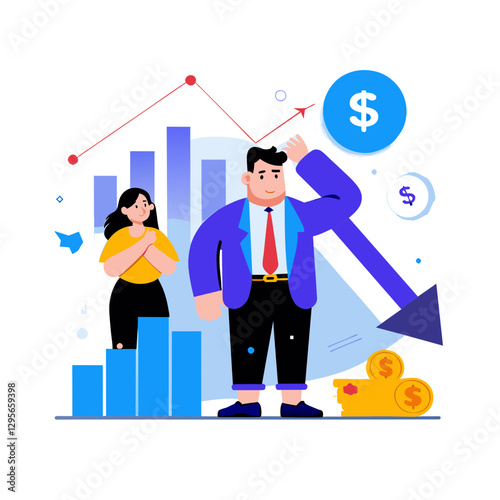  Sad businessman facing financial loss with downward graph and dollar icons representing bankruptcy