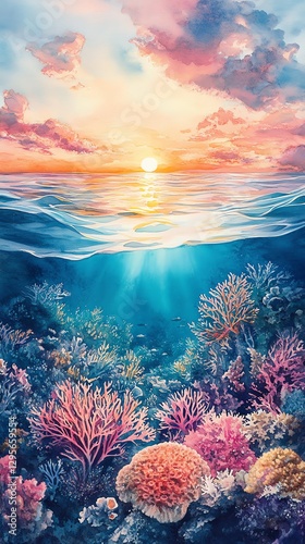 Ocean Sunset Coral Reef Underwater Scene Painting
