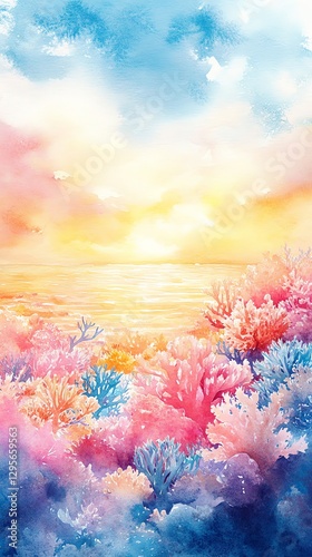 Vibrant Coral Reef Sunset Watercolor Painting