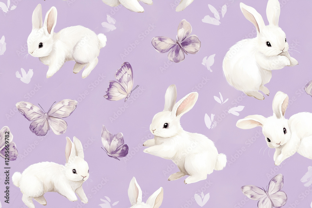 A playful pattern of hopping bunnies and flying butterflies on a soft lavender background, Easter concept A playful pattern of hopping bunnies and flying butterflies on a soft lavender background, Easter concept