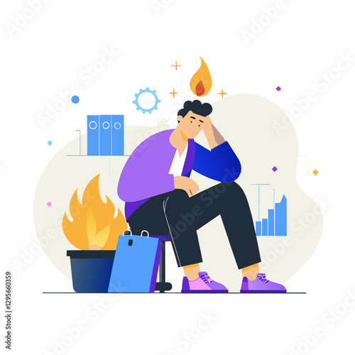 Depressed businessman sitting on floor next to burning garbage bin