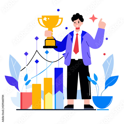 Professional business success concept with confident man in suit standing with gold trophy