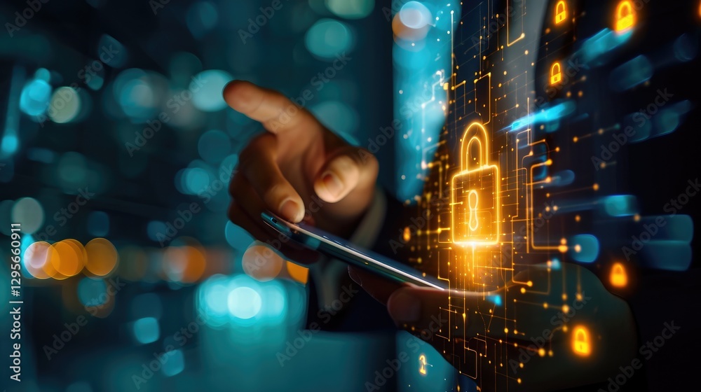 Hand holds a smartphone displaying a glowing digital padlock symbolizing mobile security.