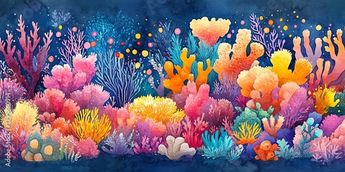 Colorful Watercolor Coral Reef Illustration with Fish and Marine Life