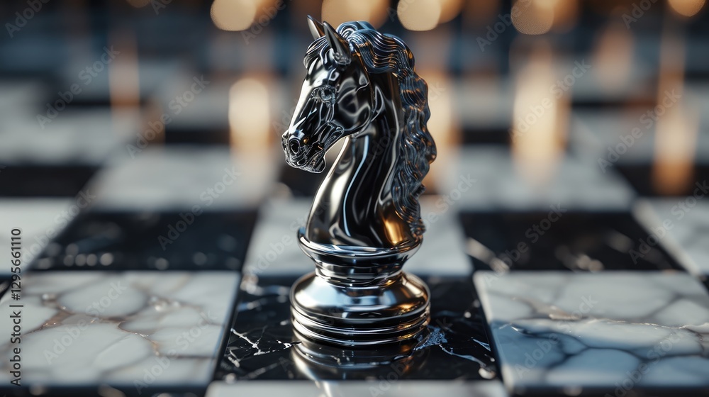 A Silver Knight Stands On A Marble Chessboard