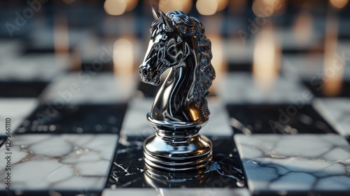 Obraz na płótnie A Silver Knight Stands On A Marble Chessboard w salonie