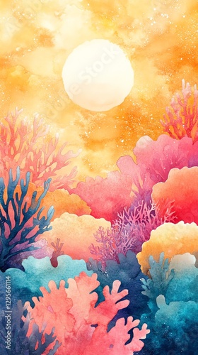 Watercolor Coral Reef Illustration with Celestial Sun and Warm Sky