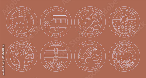 Line simple minimalist surfing badge, quote for sticker, t shirt, merch design. Trendy vintage icons about surf, camp, holiday, vacation, vanlife
