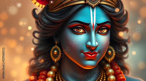 A digital painting of Lord Krishna, the universe's source, with a blurred bokeh effect. Warm terracotta and cool teal create an earthy contrast. His cosmic energy forms galaxies and constellations, photo