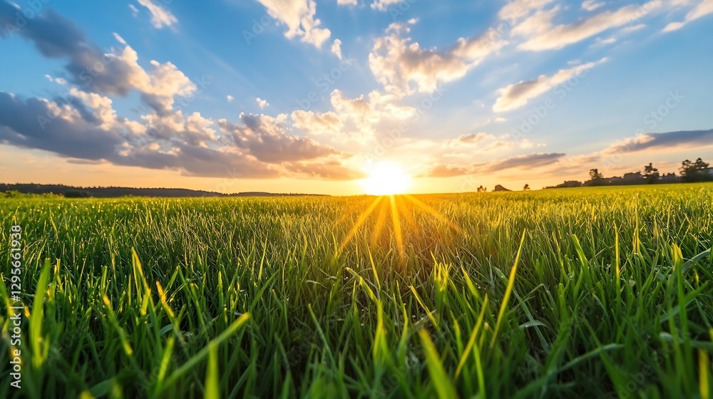 Golden sunset casting rays over a lush green field with vibrant clouds in the sky : Generative AI