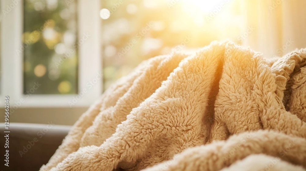 Cozy beige fluffy blanket draped over a couch with warm sunlight filtering through the window : Generative AI Cozy beige fluffy blanket draped over a couch with warm sunlight filtering through the window : Generative AI