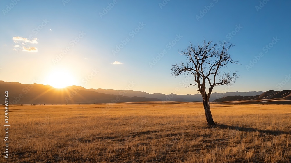 Lonely barren tree silhouetted against golden sunset over vast dry field : Generative AI Lonely barren tree silhouetted against golden sunset over vast dry field : Generative AI
