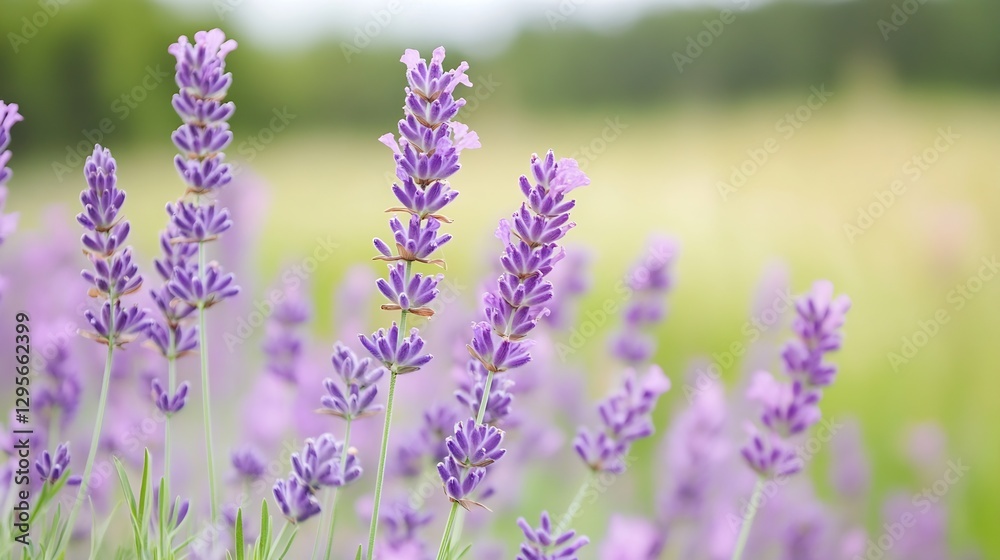 Naklejka premium Beautiful Lavender Blossoms in Nature Field with Soft Light and Green Background : Generative AI