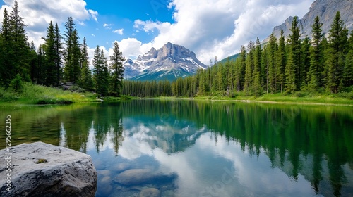 Breathtaking natural landscape featuring a serene lake reflecting mountains and trees under a cloudy sky : Generative AI