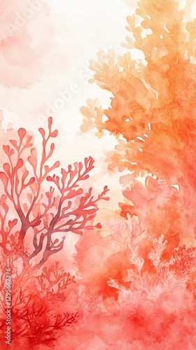 Watercolor Coral Reef Painting Red Orange Hues Nature Art