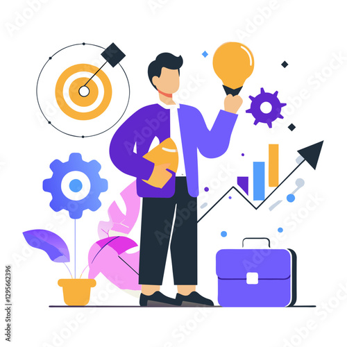 Businesswoman standing on bar graph with trophy showing success leadership achievement motivation and career growth

