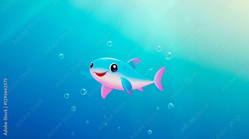 A cartoon shark swimming in the ocean with bubbles A cartoon shark swimming in the ocean with bubbles