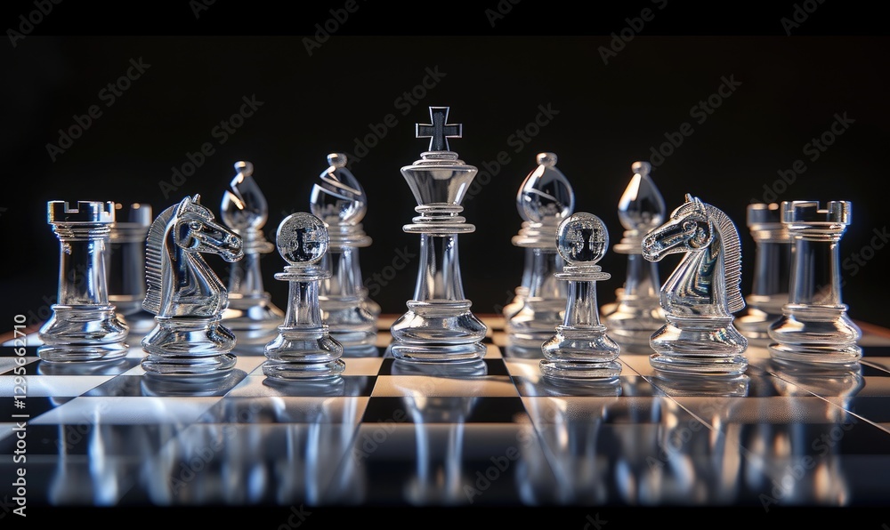 Glass Chess Pieces Strategically Arranged On Board