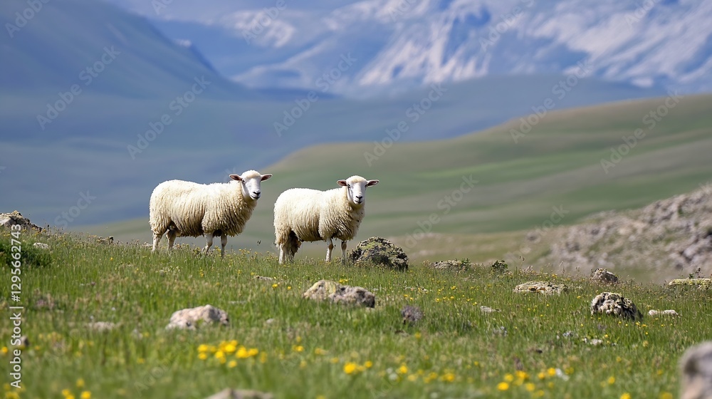 Two Sheep Grazing on a Green Meadow with Rocky Terrain and Mountain Range in the Background : Generative AI Two Sheep Grazing on a Green Meadow with Rocky Terrain and Mountain Range in the Background : Generative AI