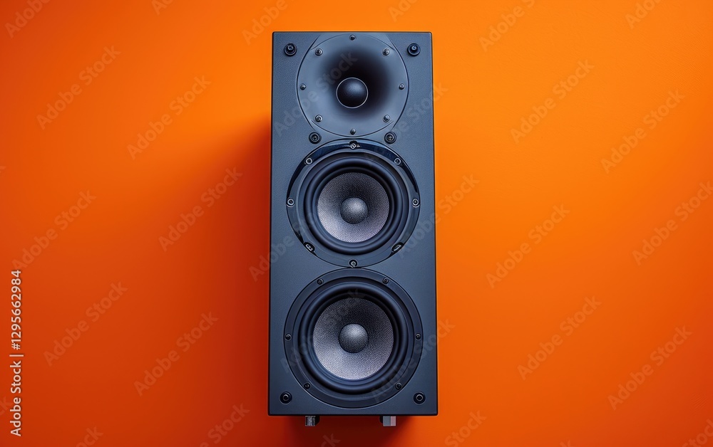 Vertical black speaker with three drivers is shown against a vibrant orange background