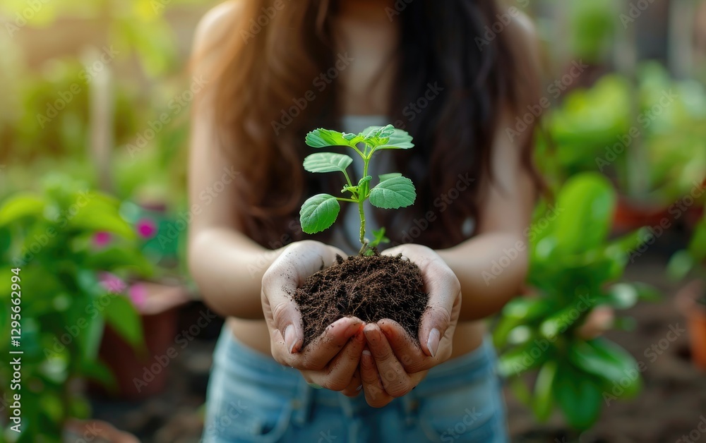 A young woman carefully cradles a small green plant seedling in her hands, new life and growth.
