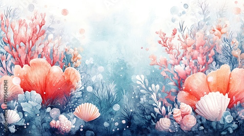 Watercolor Ocean Scene with Coral, Seashells and Bubbles Illustration